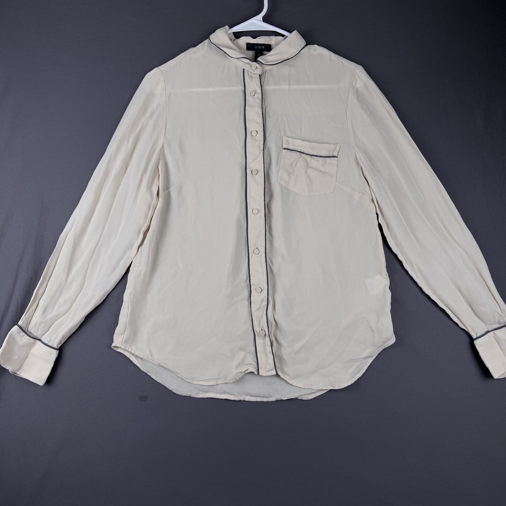 J.Crew Beige/Black Silk Collared Button-Down Blouse 10 Long Sleeve Pocket - Picture 2 of 11